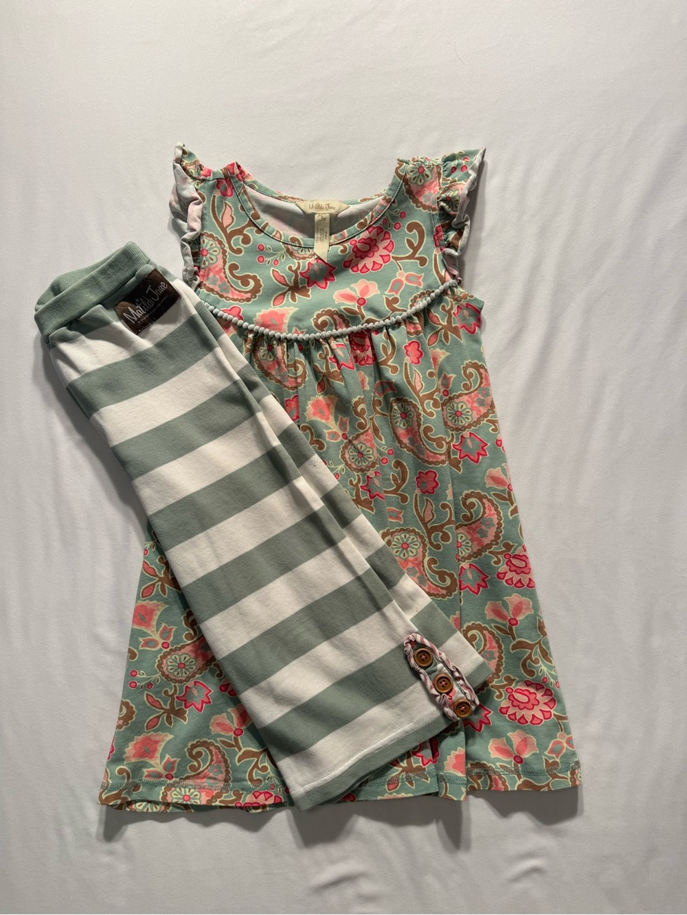 Matilda Jane Teal, Pink, Cream Paisley Dress with Striped Leggings